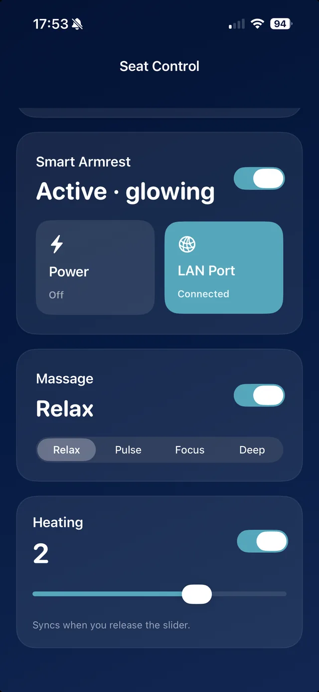 SeatLink App mit Sitzsteuerung